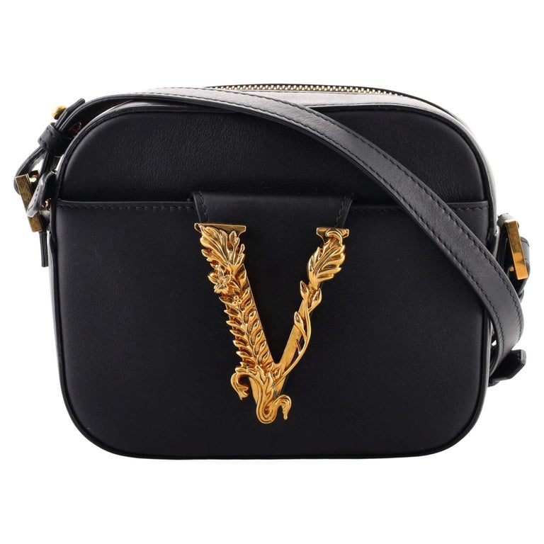 Versace Virtus Camera Crossbody Bag Black in Leather with Gold-tone - US