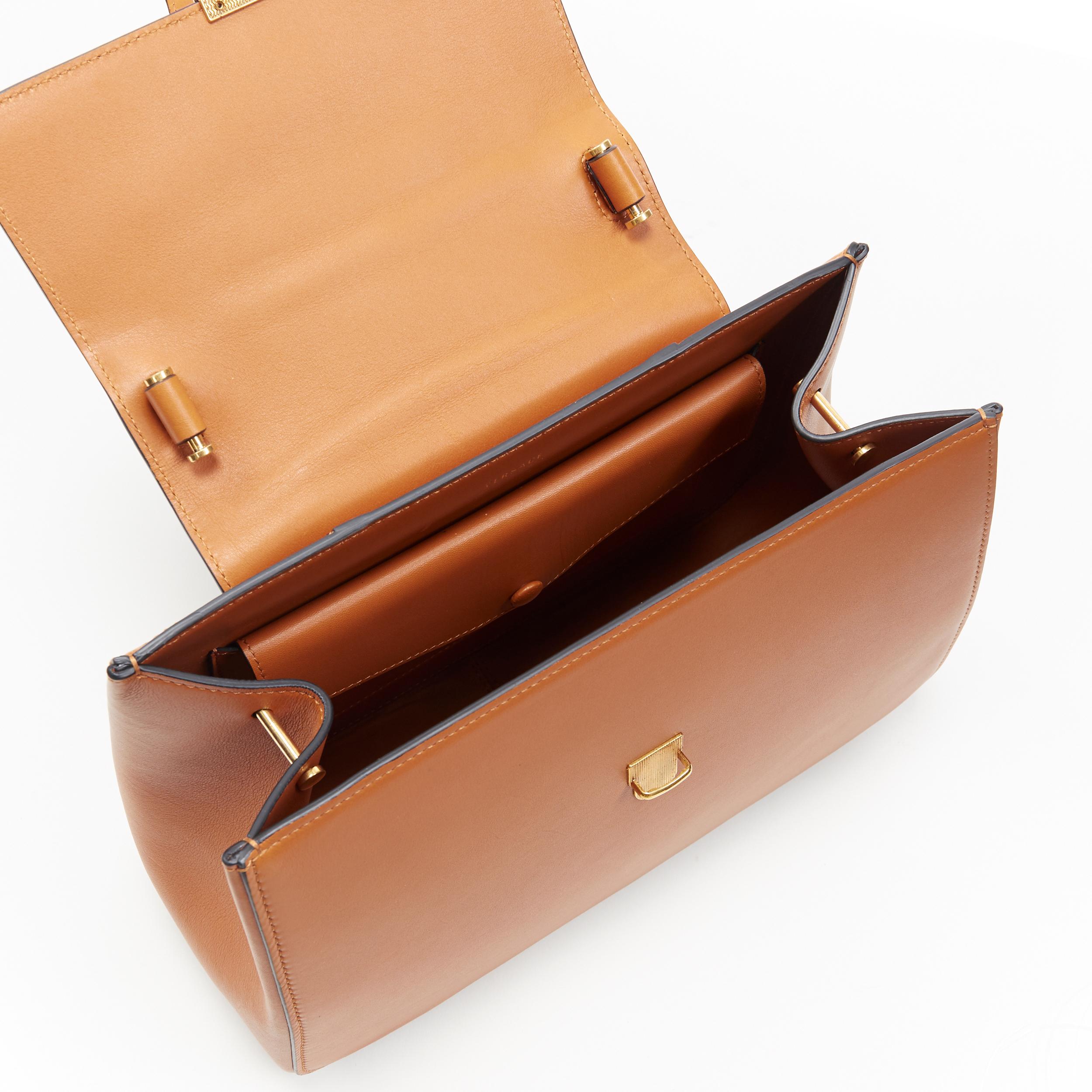VERSACE Virtus cognac brown leather gold buckle flap top handle satchel bag 2