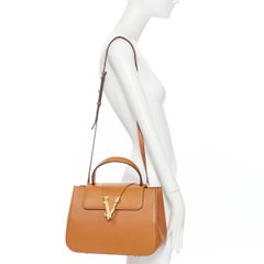 VERSACE Virtus cognac brown leather gold buckle flap top handle satchel bag