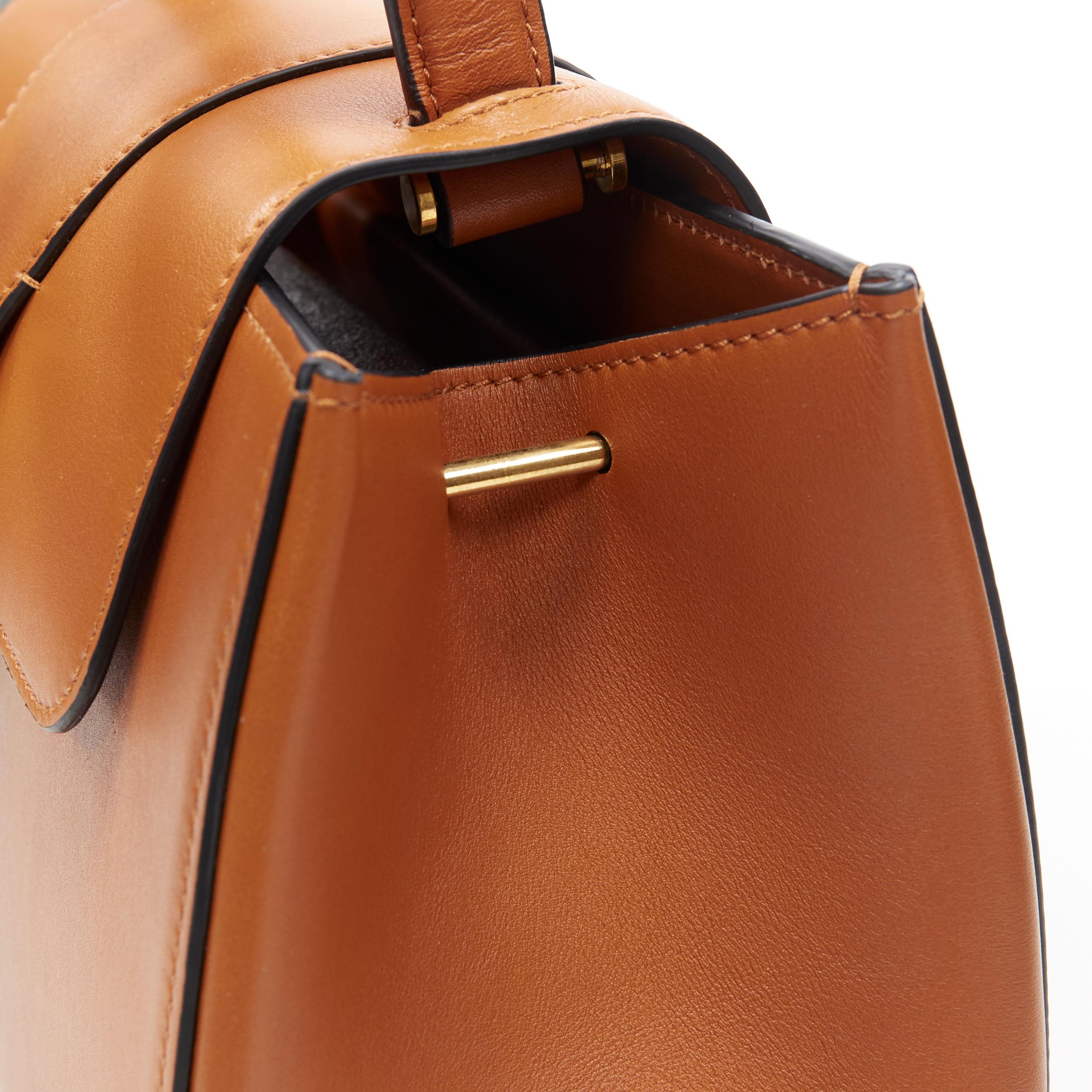 Women's VERSACE Virtus cognac brown leather gold buckle flap top handle satchel bag
