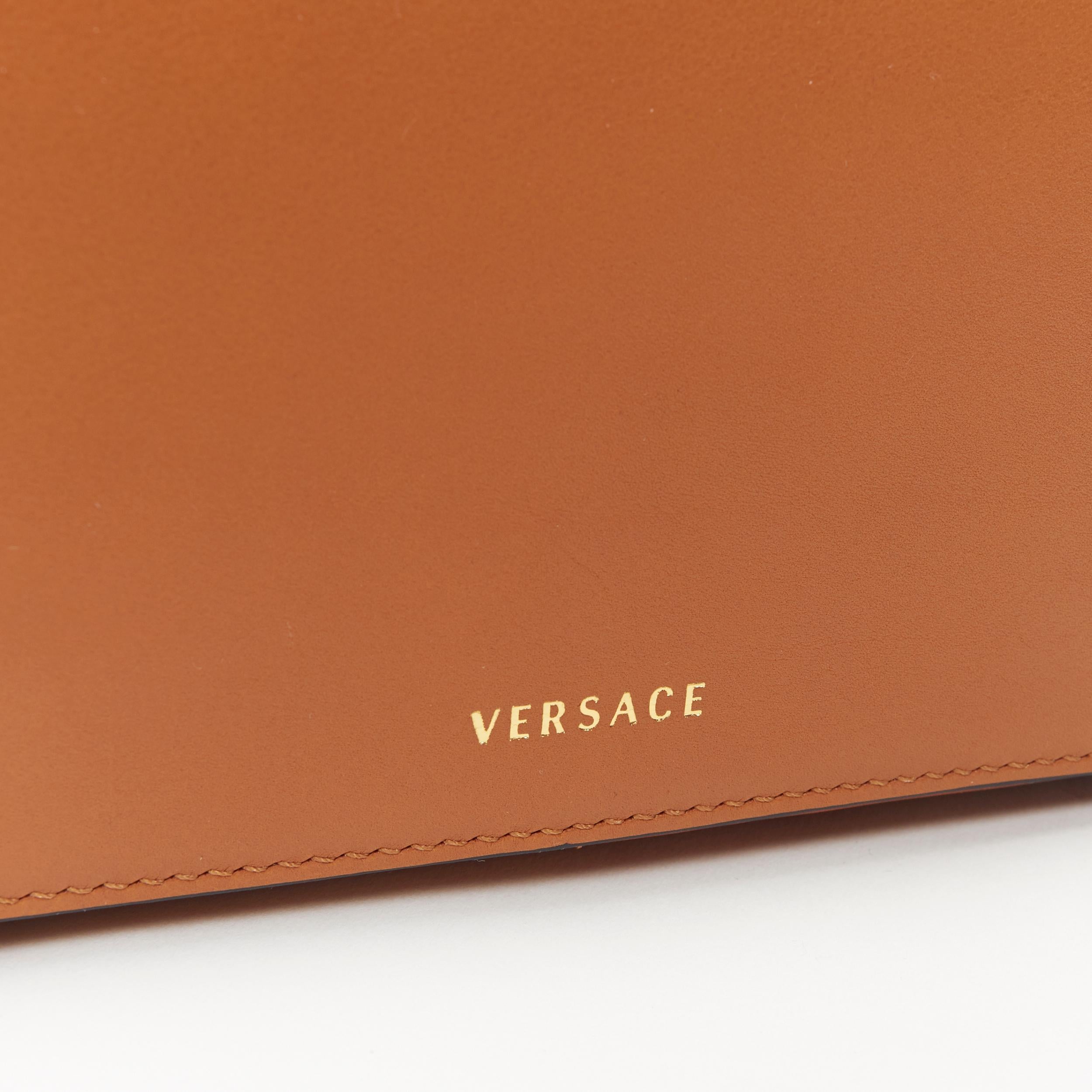 VERSACE Virtus cognac brown leather gold buckle flap top handle satchel bag 1