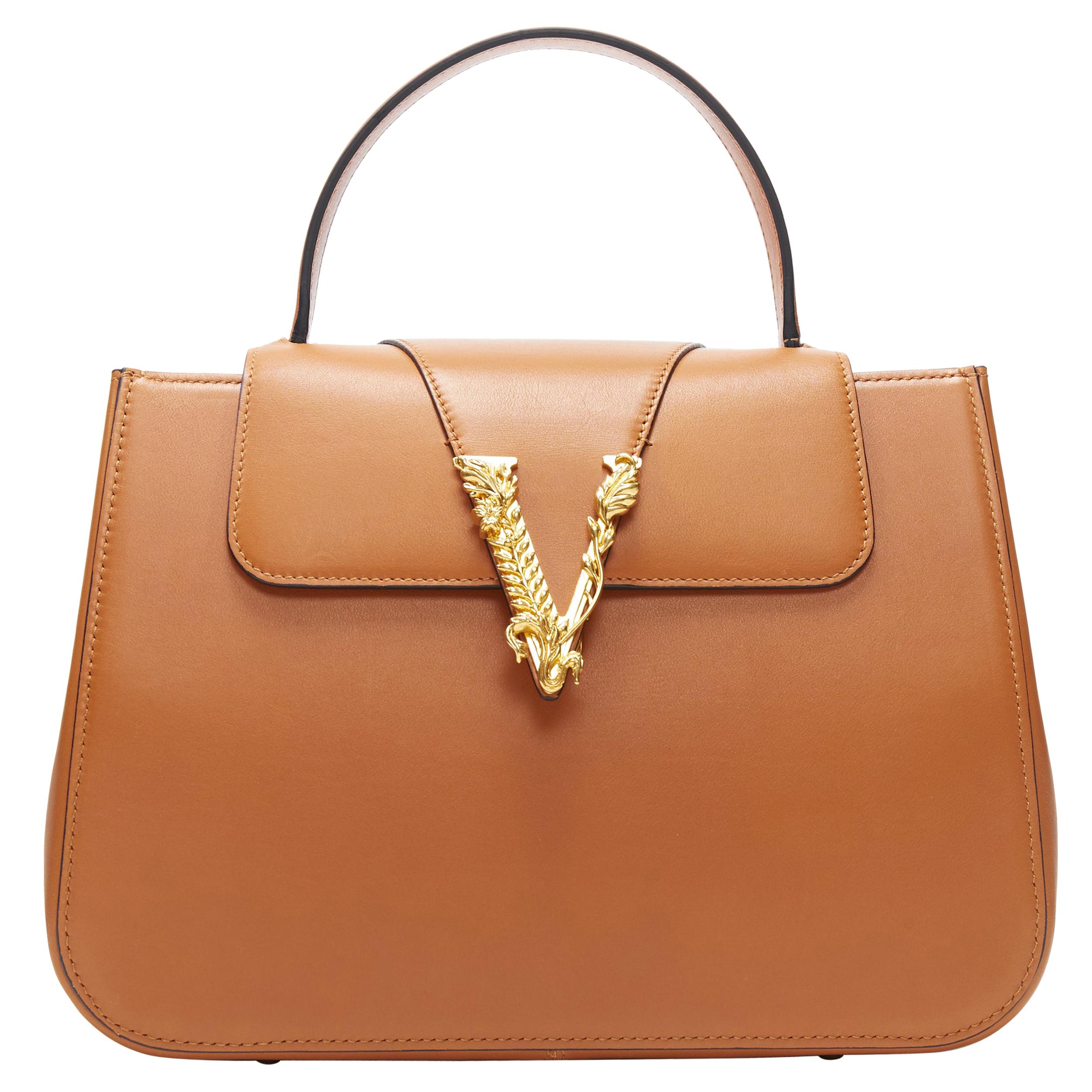 VERSACE Virtus cognac brown leather gold buckle flap top handle satchel bag  at 1stDibs