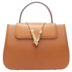VERSACE Virtus cognac brown leather gold buckle flap top handle satchel bag