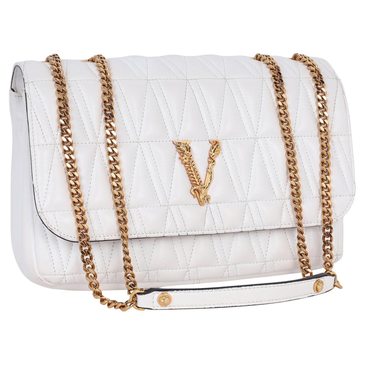 Gray Versace Virtus Logo Plaque Quilted Shoulder Bag White