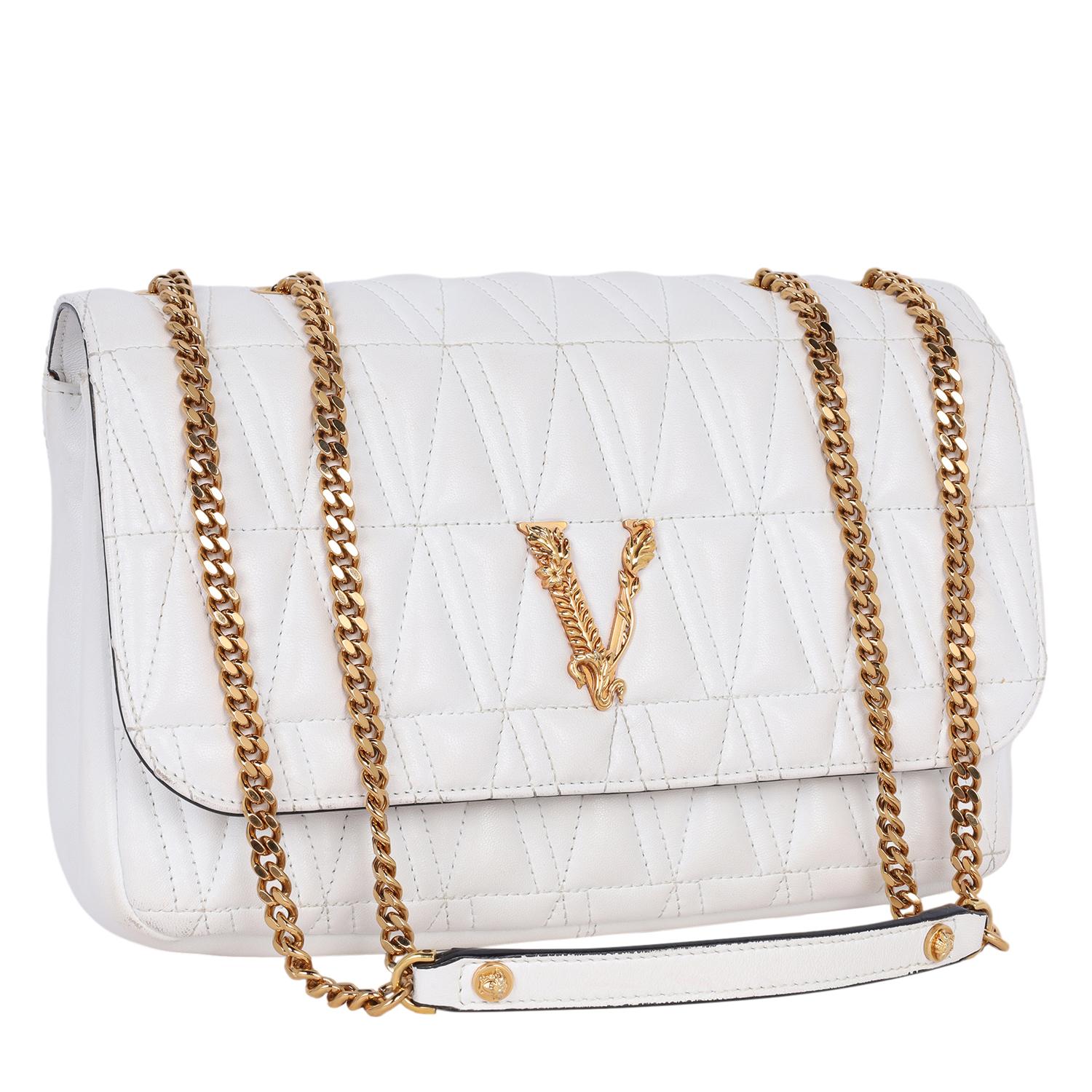 Versace Virtus Logo Plaque Quilted Shoulder Bag White In Good Condition In Salt Lake Cty, UT