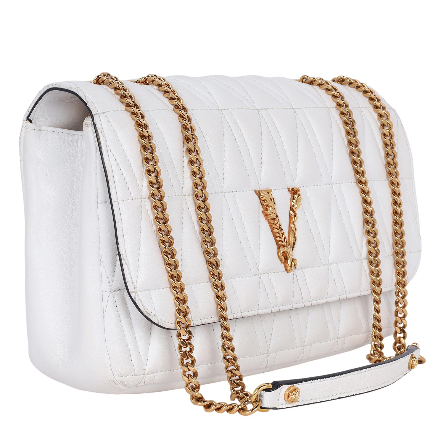 Women's Versace Virtus Logo Plaque Quilted Shoulder Bag White
