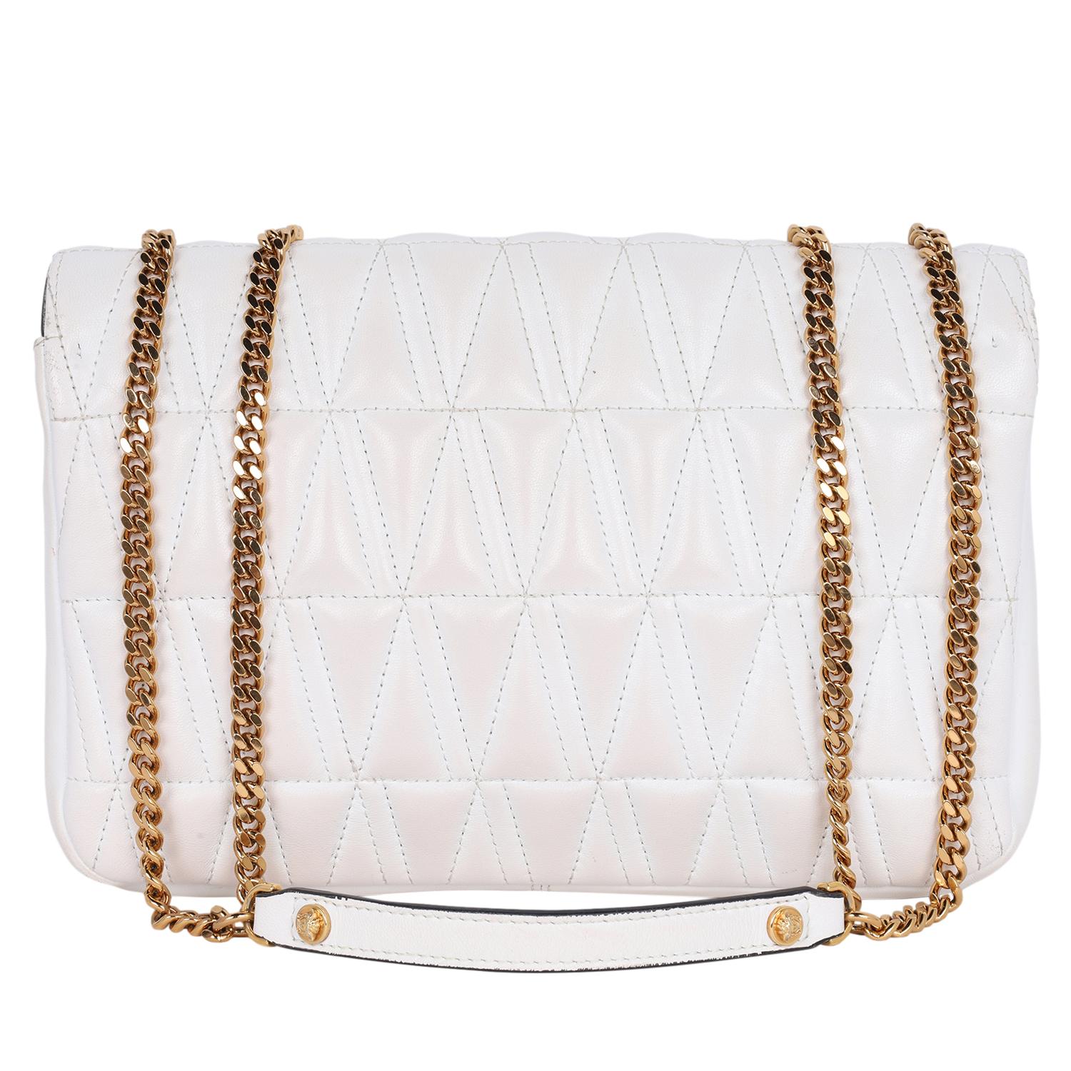 Versace Virtus Logo Plaque Quilted Shoulder Bag White 1