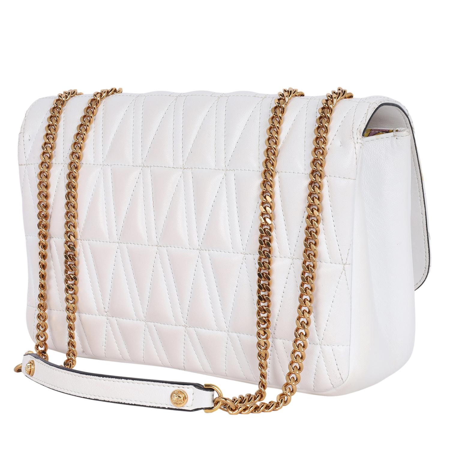 Versace Virtus Logo Plaque Quilted Shoulder Bag White 2