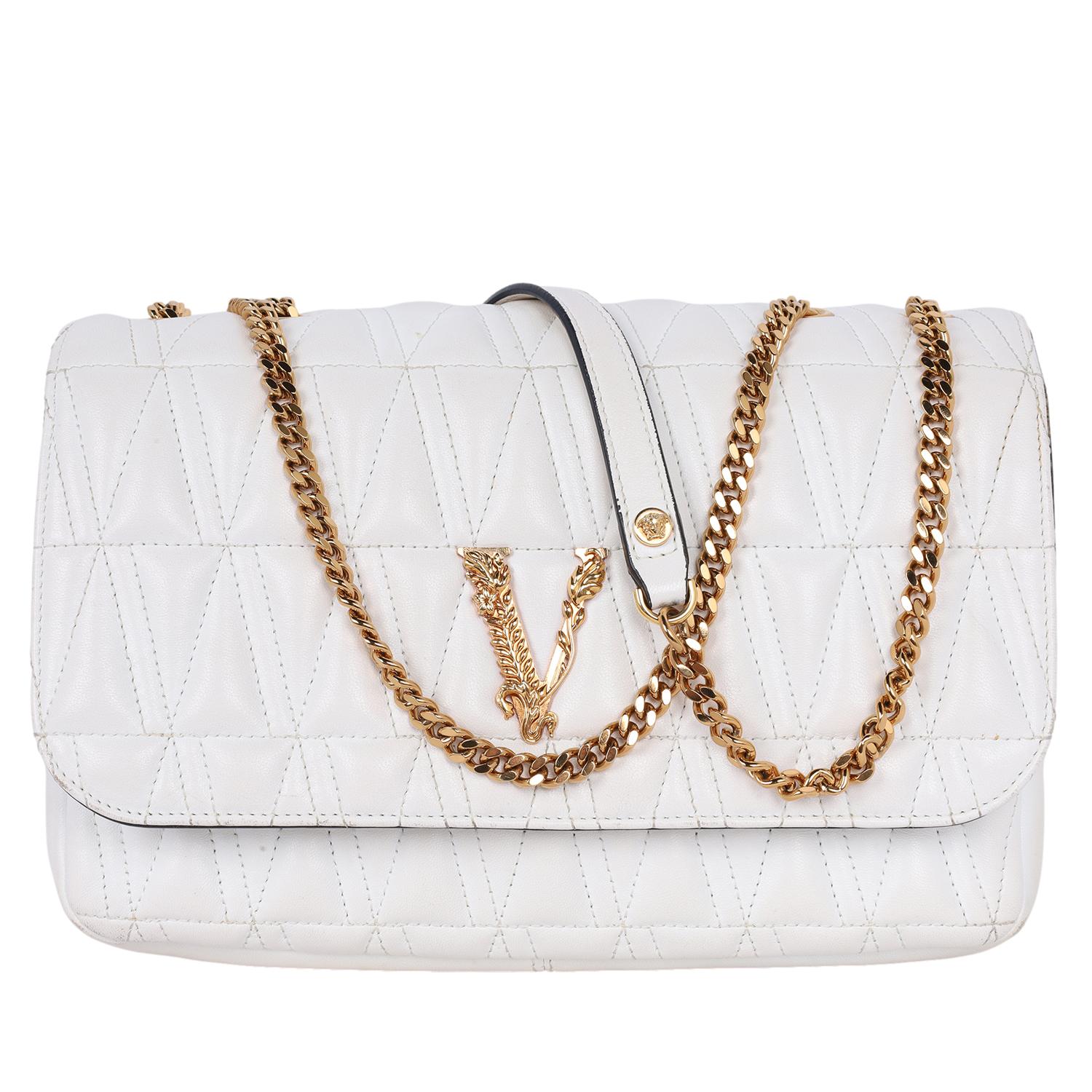 Versace Virtus Logo Plaque Quilted Shoulder Bag White 3