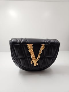 Versace Virtus Waist Chain Sling Leather Quilted Small Bag Black