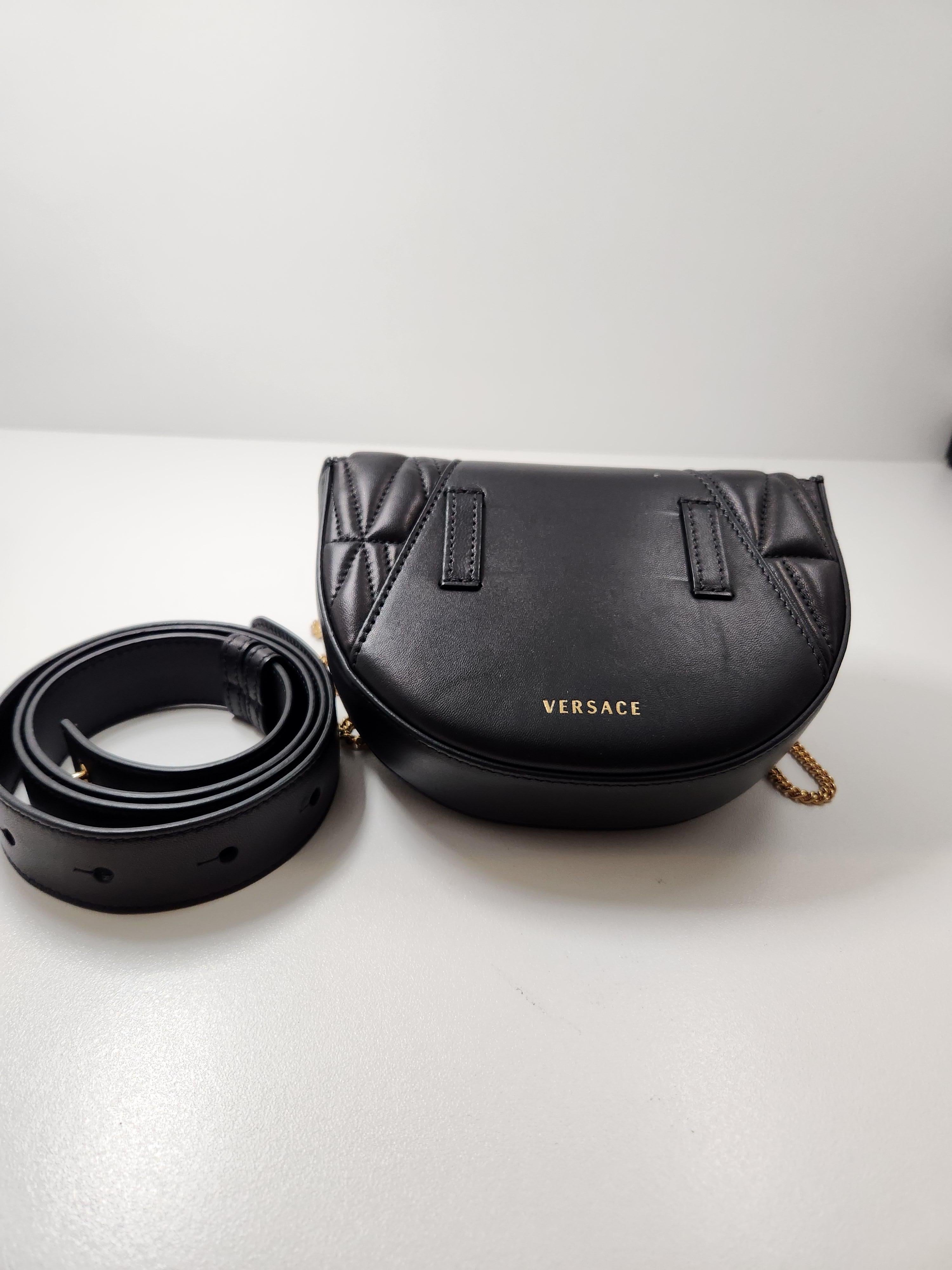 Versace Virtus Waist Chain Sling Leather Quilted Small Bag Black For Sale 2