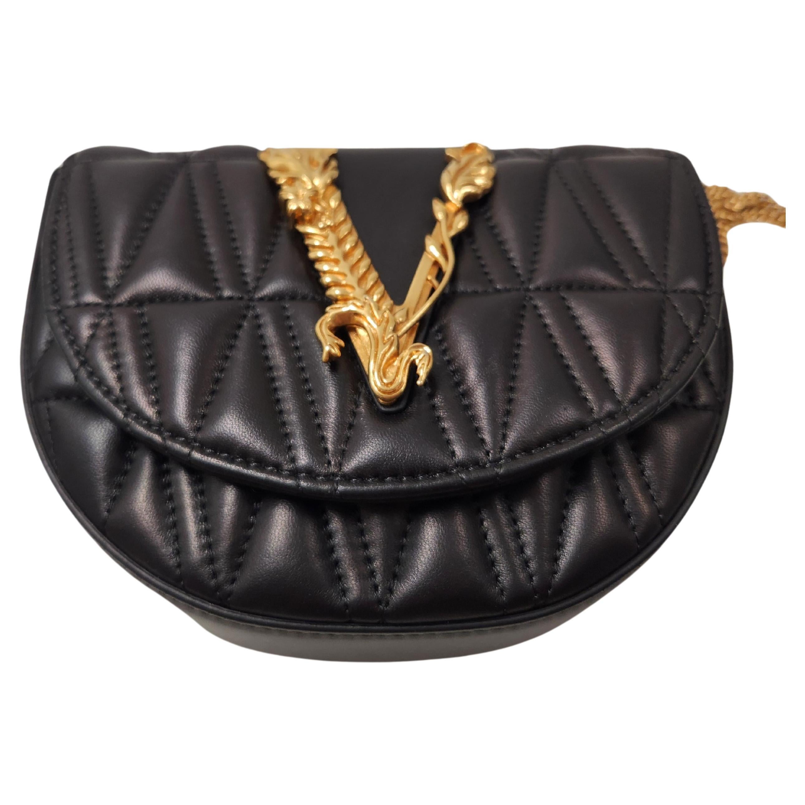 Versace Virtus Waist Chain Sling Leather Quilted Small Bag Black For Sale at 1stDibs