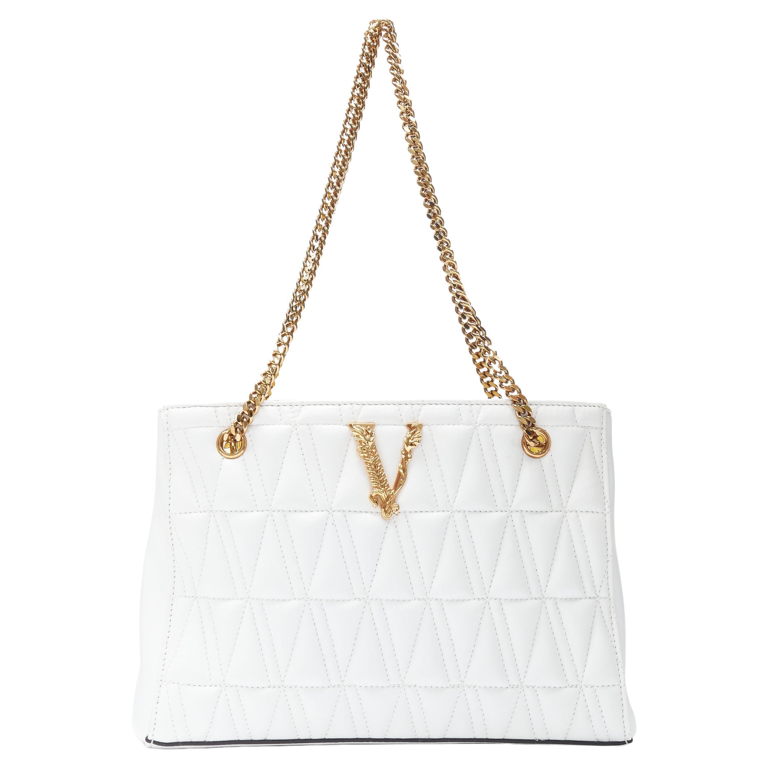 VERSACE Virtus white quilted gold chain barocco print lining shoulder bag  at 1stDibs  white quilted bag with gold chain, white shoulder bag gold  chain, white quilted purse gold chain
