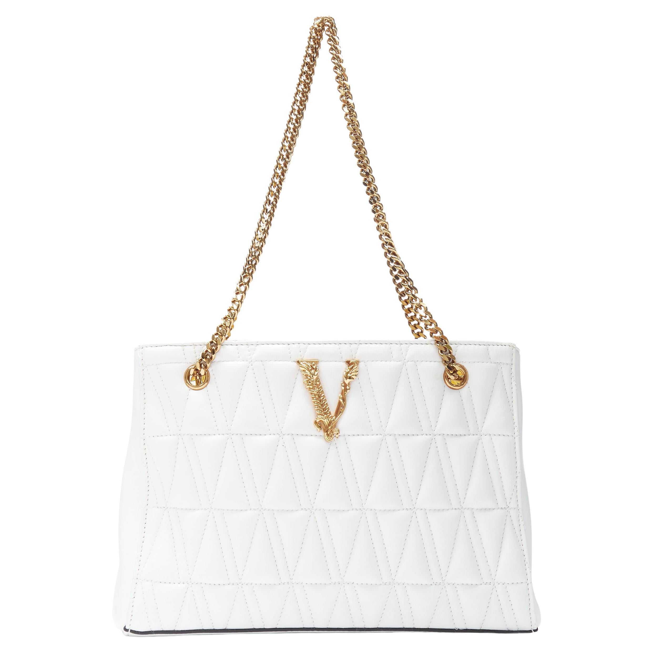 VERSACE Virtus white quilted gold chain barocco print lining shoulder bag  at 1stDibs  white quilted bag with gold chain, mini virtus barocco quilted  silk crossbody bag, kate spade quilted bag with