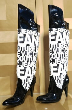 VERSACE VJC BLACK AND WHITE PATENT LEATHER and FAUX FUR OVER KNEE BOOTS 39 - 9