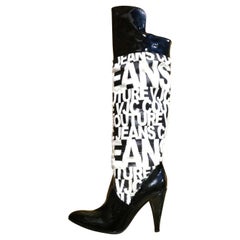 VERSACE VJC BLACK AND WHITE PATENT LEATHER and FAUX FUR OVER KNEE BOOTS 39 - 9