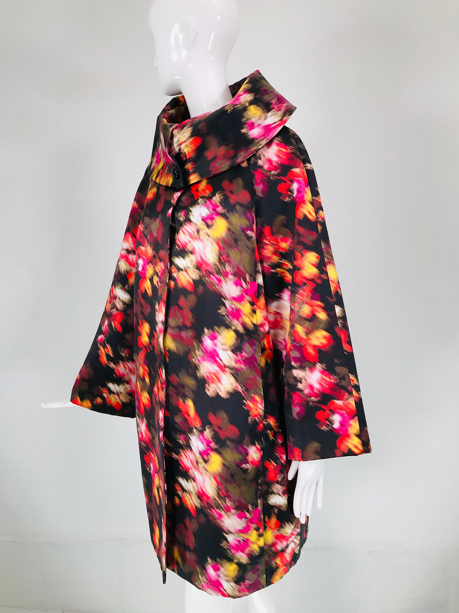 Black Versace Watery Floral Silk Coat with Rolled Stand Away Collar NWT For Sale