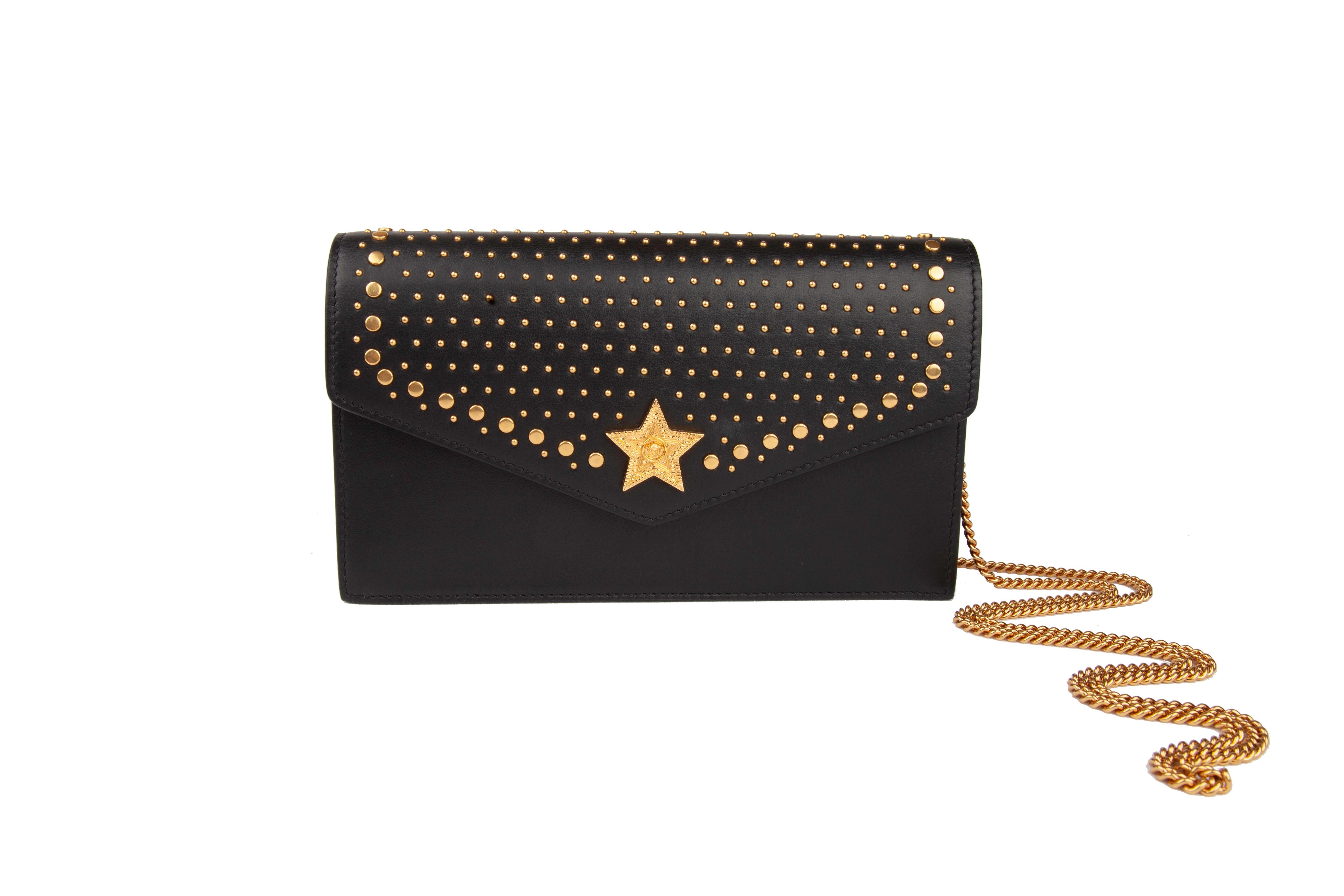 Versace Western Studded Black Leather Clutch Evening Bag with Gold Tone Chain 2