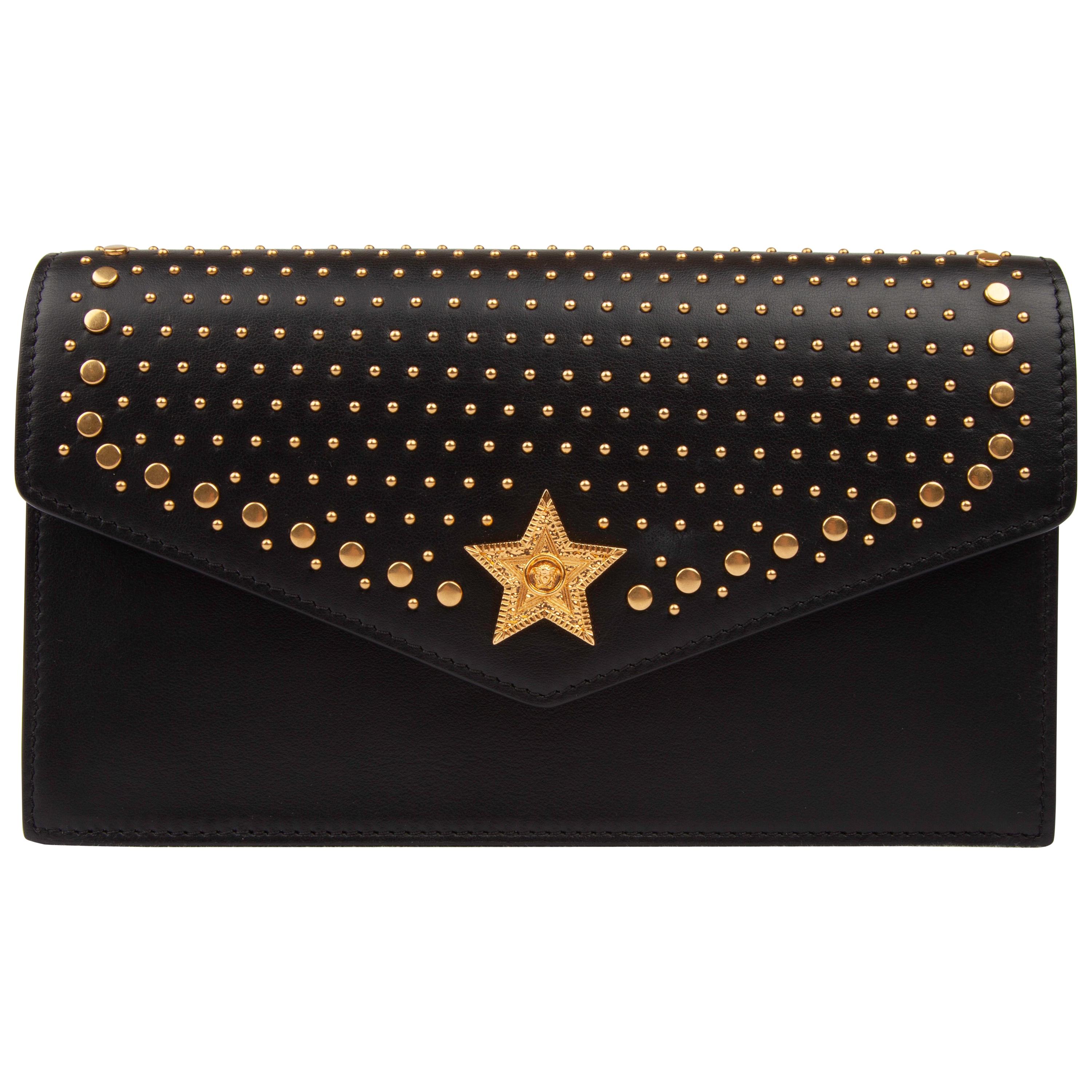 Versace Western Studded Black Leather Clutch Evening Bag with Gold Tone Chain
