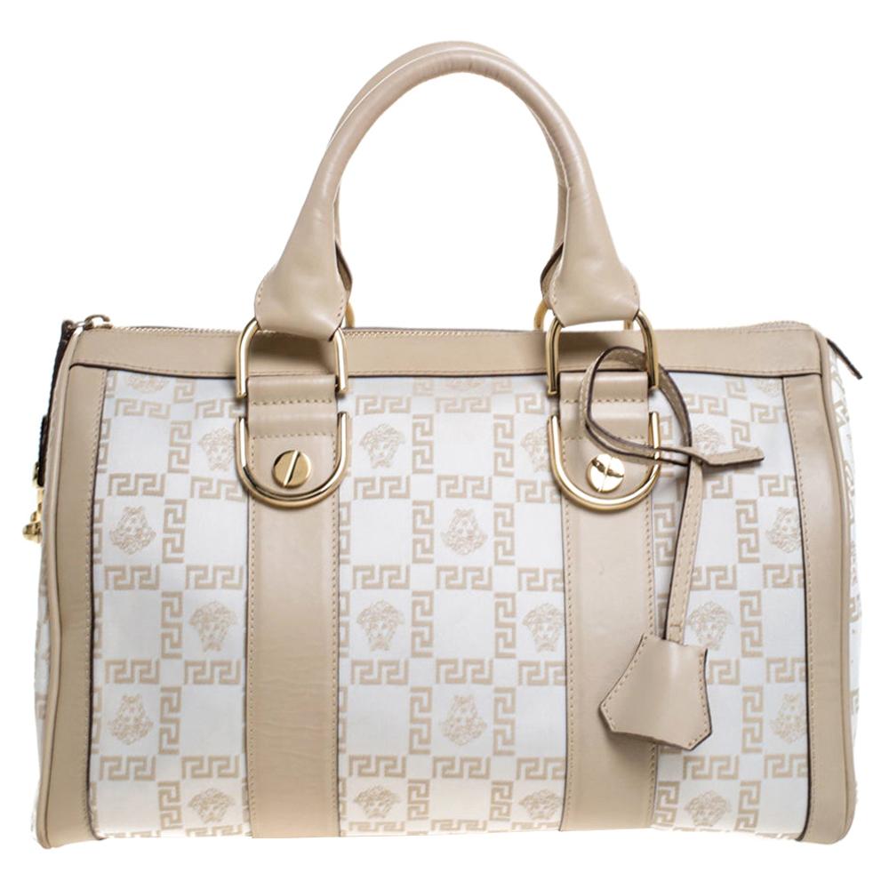 Versace White/Beige Monogram Satin and Leather Bag