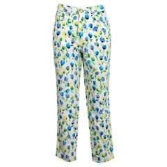 Vintage Versace White Blue Cotton Floral Capri Straight Trousers