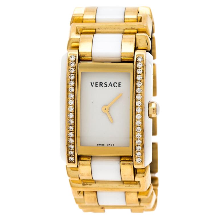Versace White Ceramic Gold Stainless Steel Diamonds Era 70Q Wristwatch 24 mm
