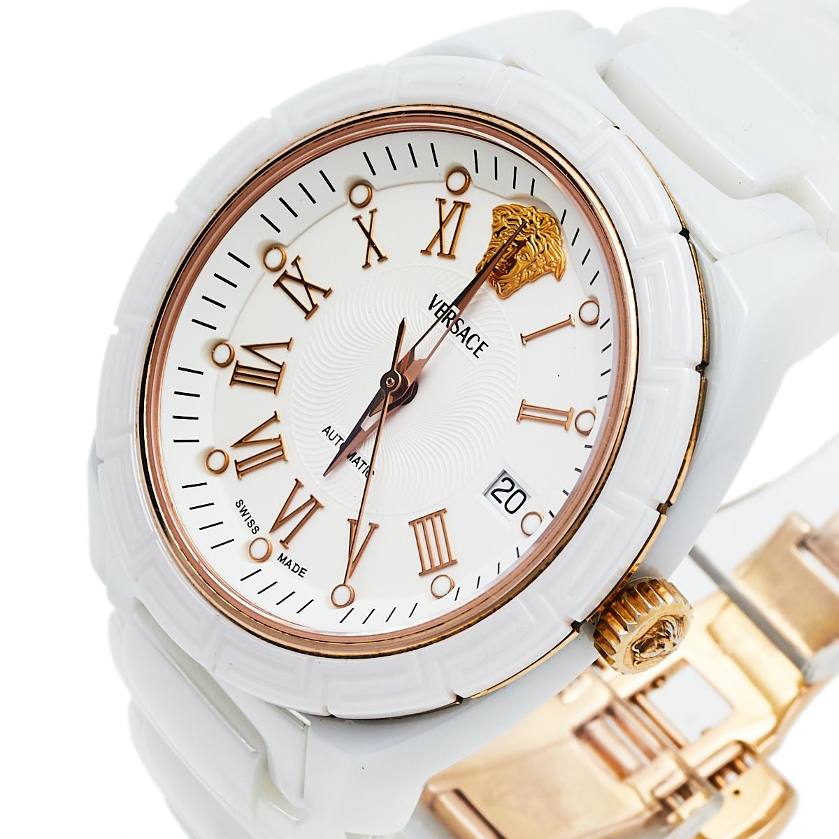 This classy Versace wristwatch is a gorgeous piece that you must add to your collection. This white watch is made from ceramic and stainless steel metal. It has a matching white dial with the signature Medusa motif. Definitely, an accessory that is