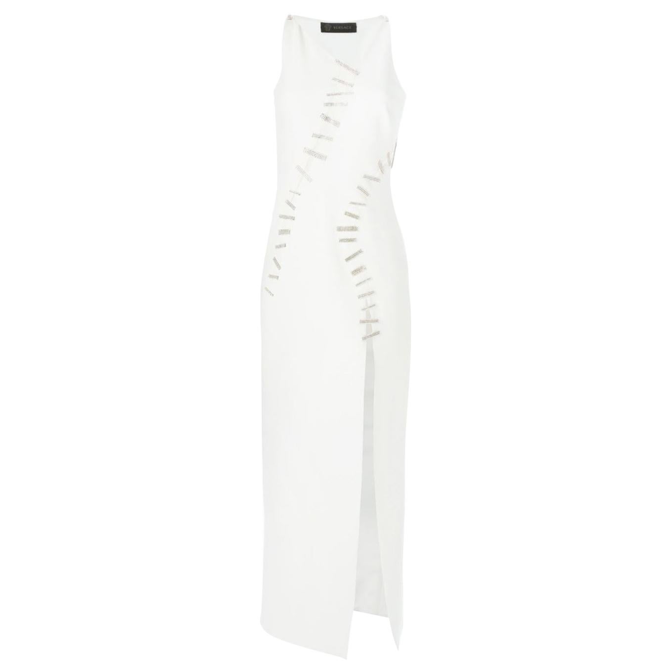 Versace White Crystal-Embellished Silk Gown 