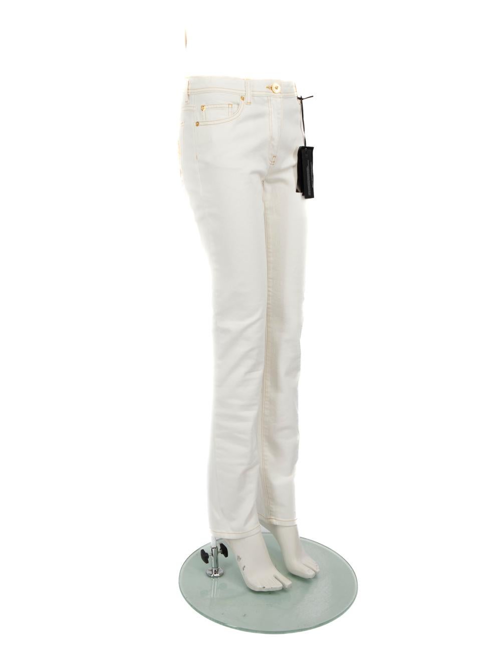 CONDITION is New with tags on this brand new Versace designer item.
  
  Details
  
  
  White 
  
  Denim 
  
  Jeans 
  
  High rise 
  
  Skinny 
  
  3x Front pockets
  
  2x Back pockets
  
  Gold stitch detail
  
  Medusa logo embroidery
  
 