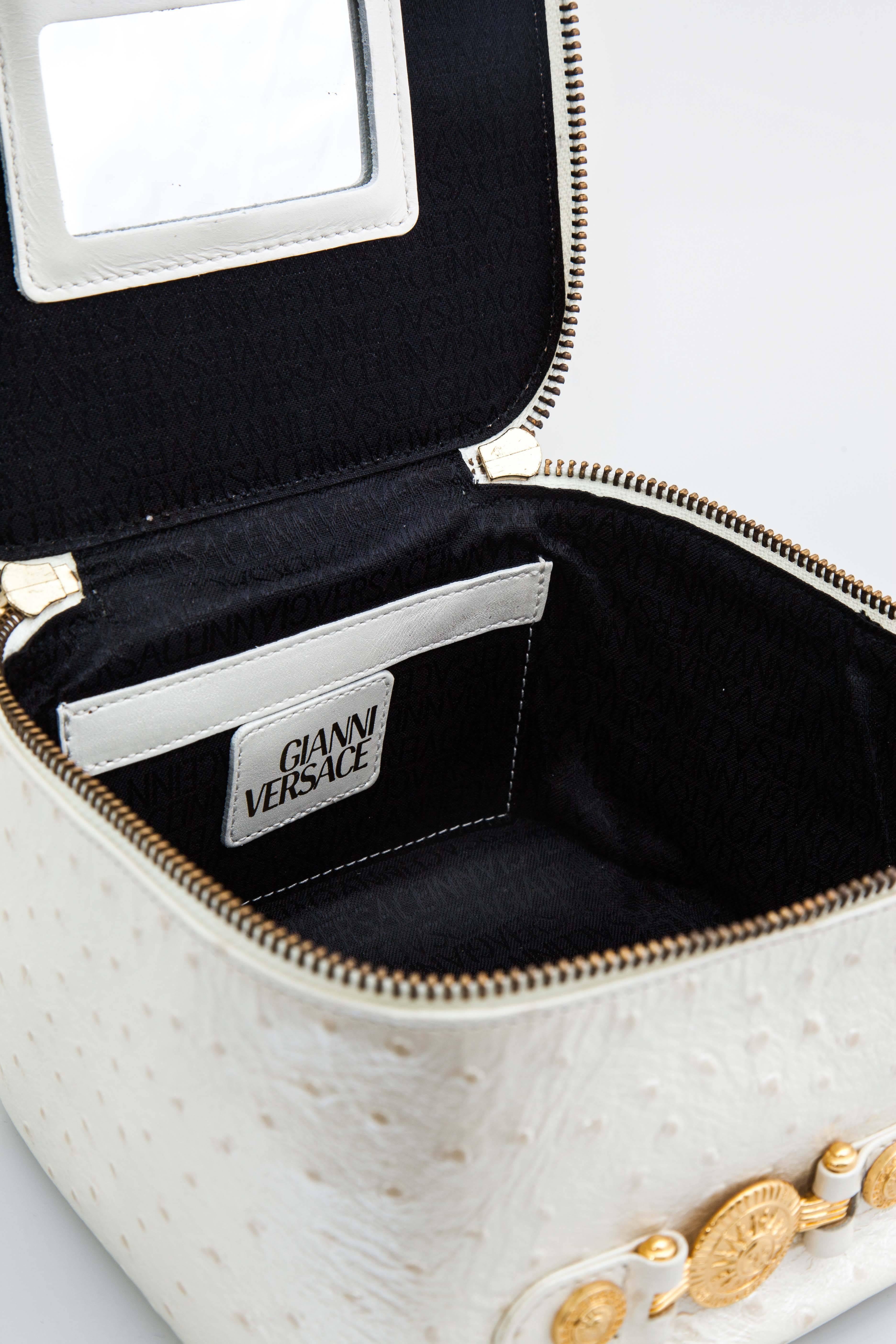 Versace White Faux Ostrich Vanity Case Bag For Sale 3