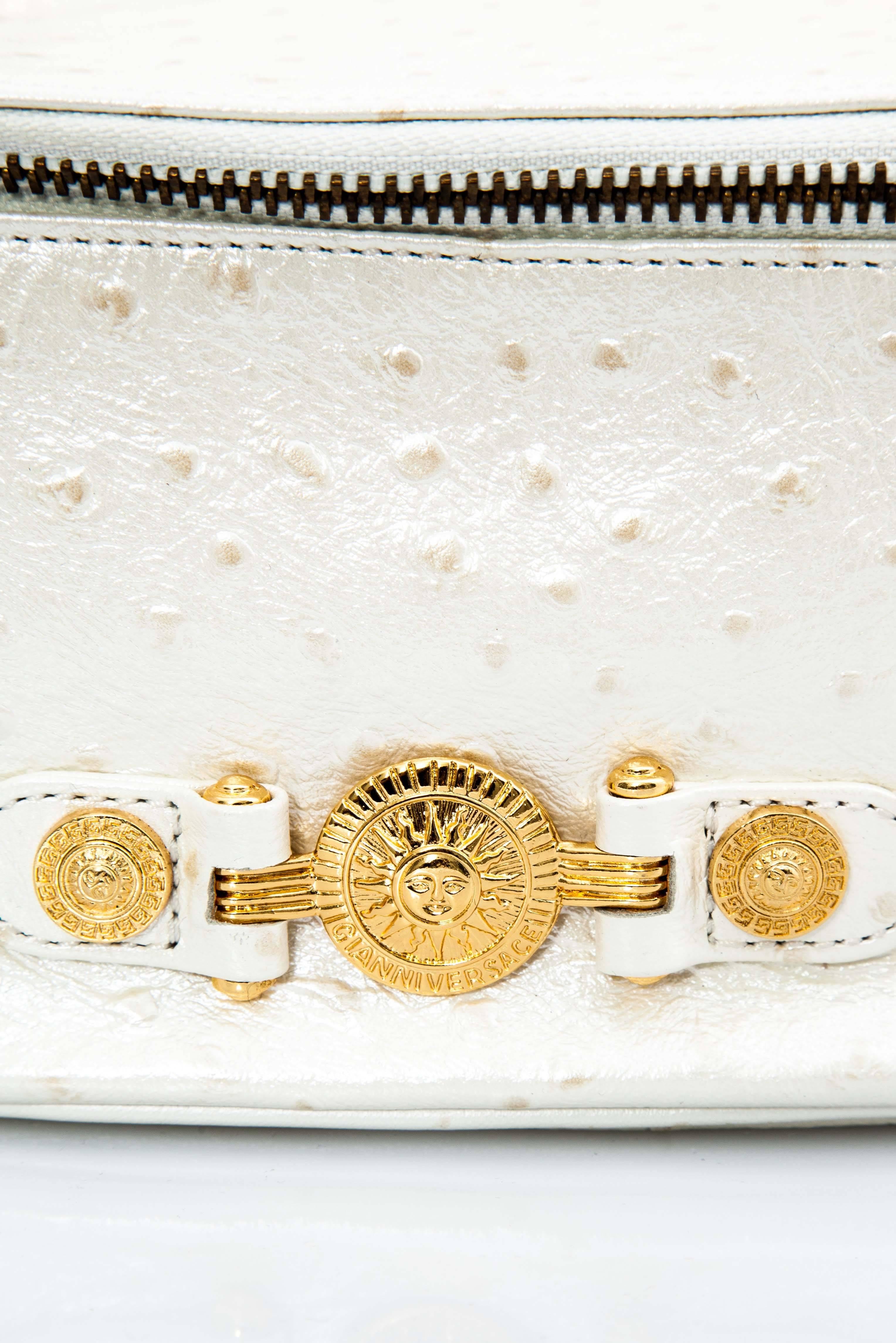 Versace White Faux Ostrich Vanity Case Bag In New Condition For Sale In Chicago, IL