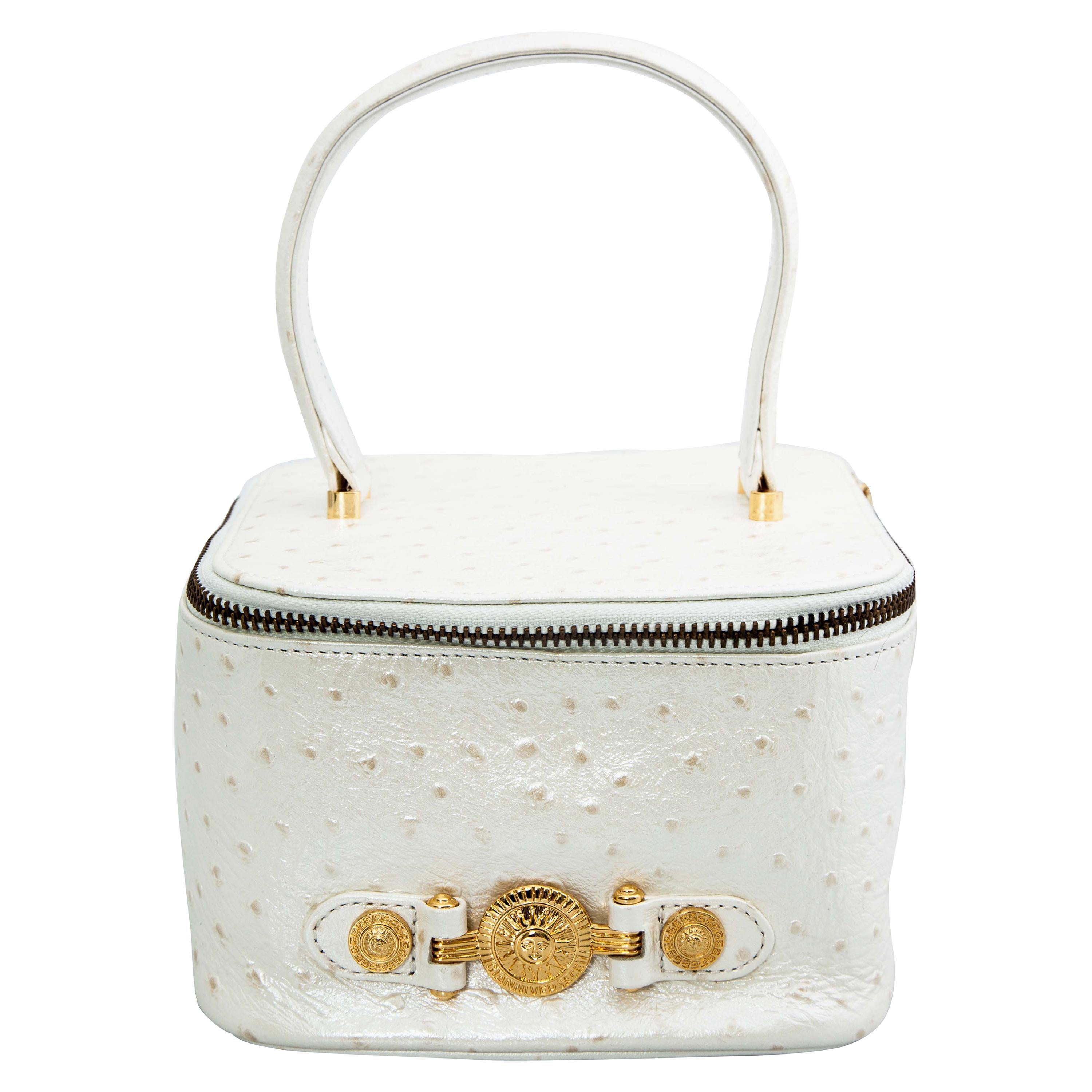 Versace White Faux Ostrich Vanity Case Bag For Sale