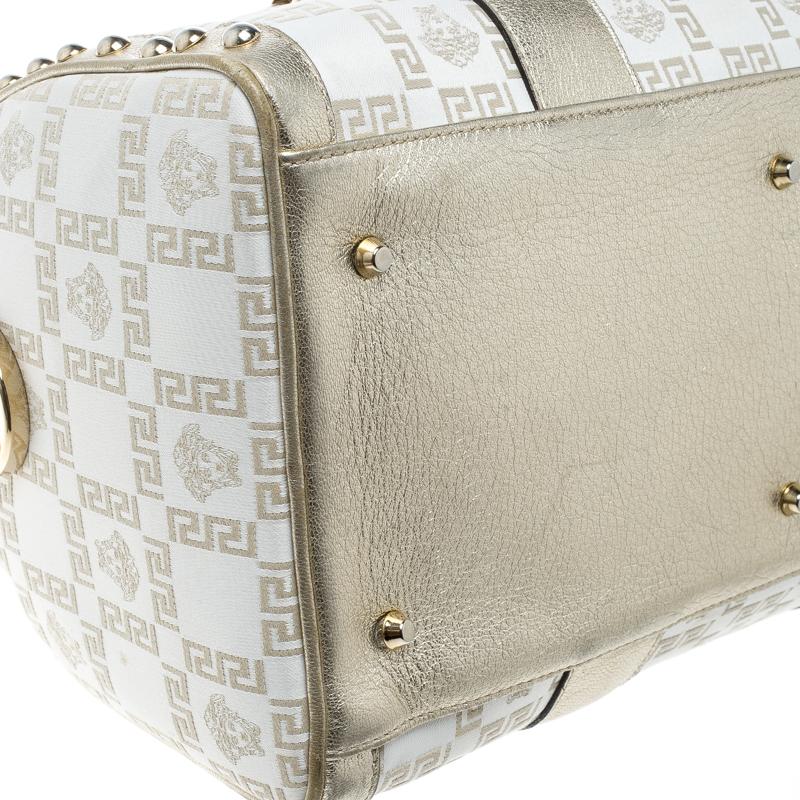 Versace White/Gold Fabric and Leather Snap Out Of It Satchel 2