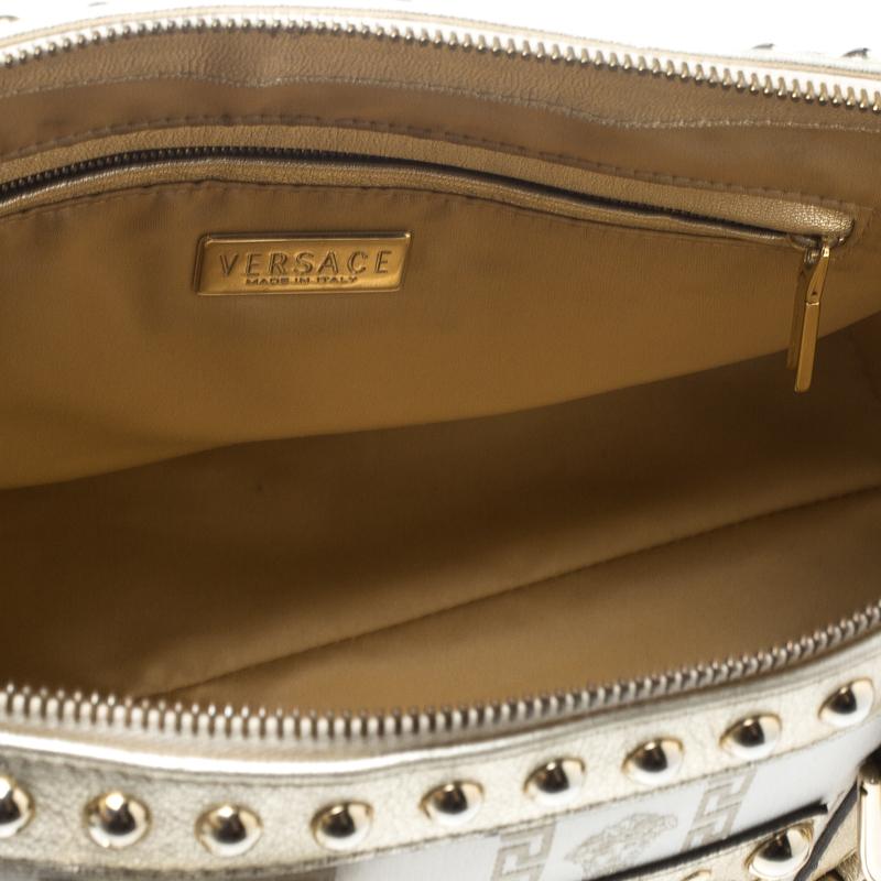 Versace White/Gold Fabric and Leather Snap Out Of It Satchel In Good Condition In Dubai, Al Qouz 2