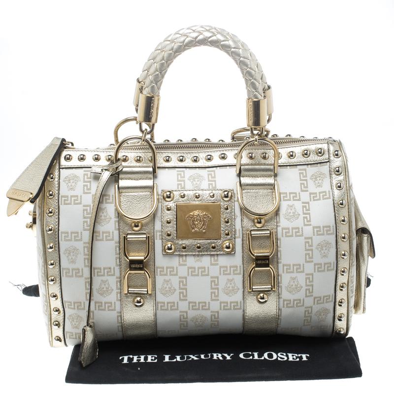 Versace White/Gold Fabric and Leather Snap Out Of It Satchel 1