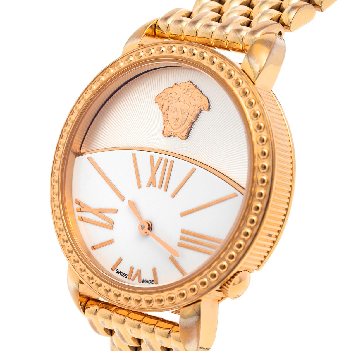 Creations from Versace promise a grand style with everything eye-catching and this Krios watch from the label demonstrates just that. The watch has a gold-plated stainless steel case and a link bracelet secured with a concealed clasp. It is graced