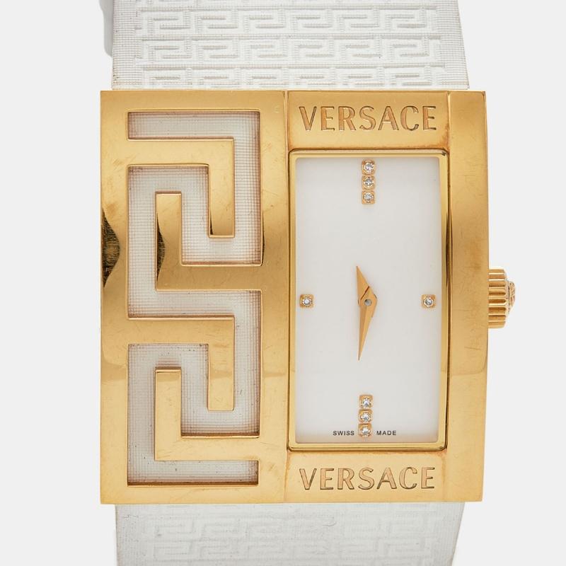 Versace White Gold Tone Stainless Steel V-Greca 64Q Women's Wristwatch 36 mm In Good Condition In Dubai, Al Qouz 2