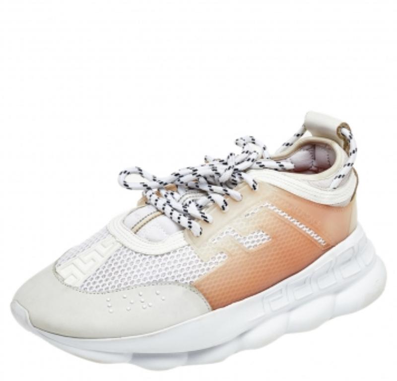 Uomo Versace Bianco/Grigio Mesh e Pelle Nubuck Chain Reaction Sneakers Taglia 44