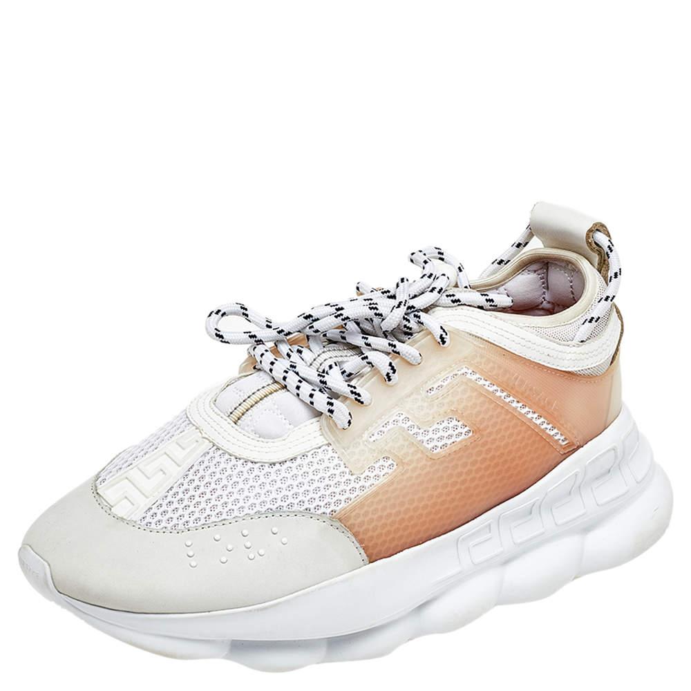 Versace White/Grey Mesh And Nubuck Leather Chain Reaction Sneakers Size 44 In Good Condition For Sale In Dubai, Al Qouz 2