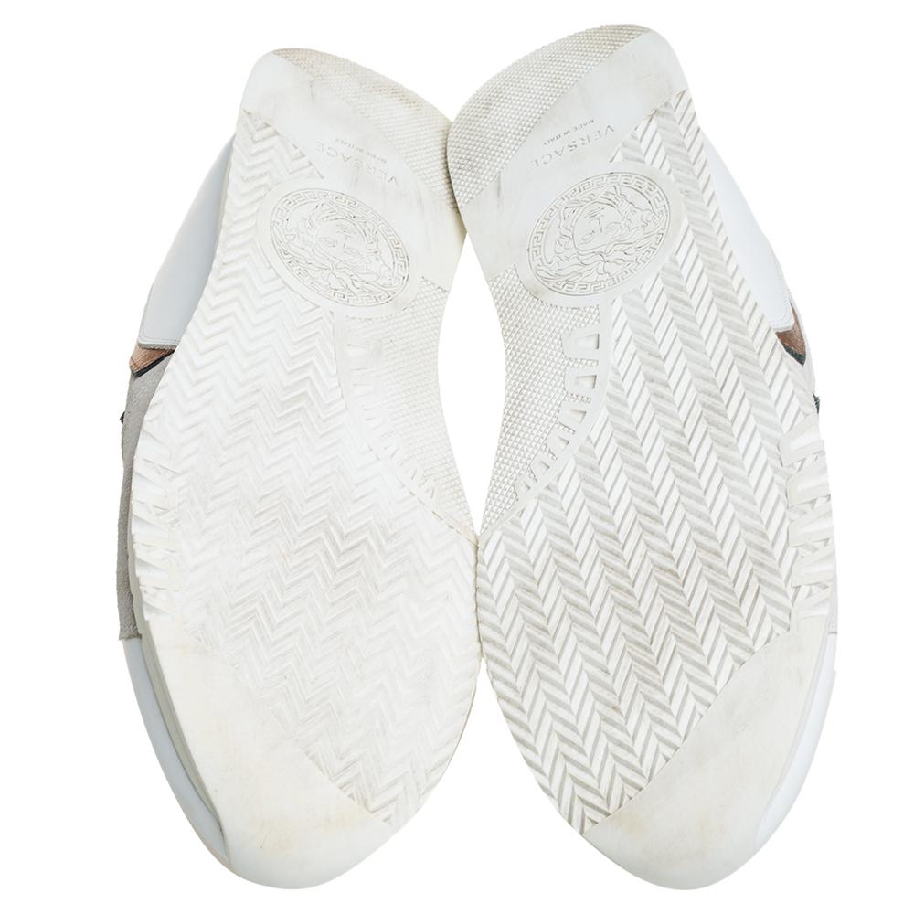 Versace White/Grey Suede And Leather Greek Key Sneakers Size 45 In Good Condition In Dubai, Al Qouz 2