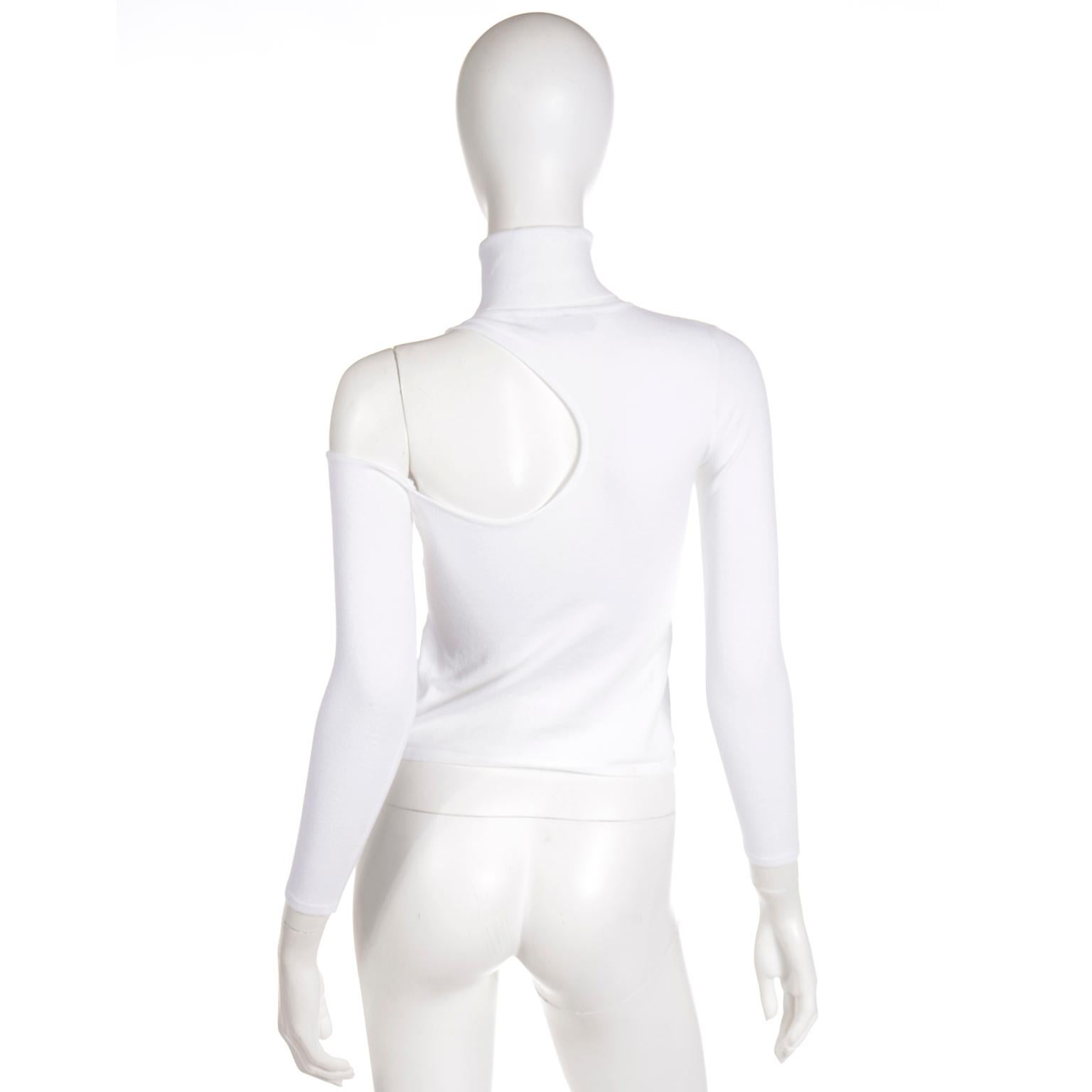 Women's Versace White Knit Long Sleeve Turtleneck Summer Top W Cut Outs at Shoulder For Sale
