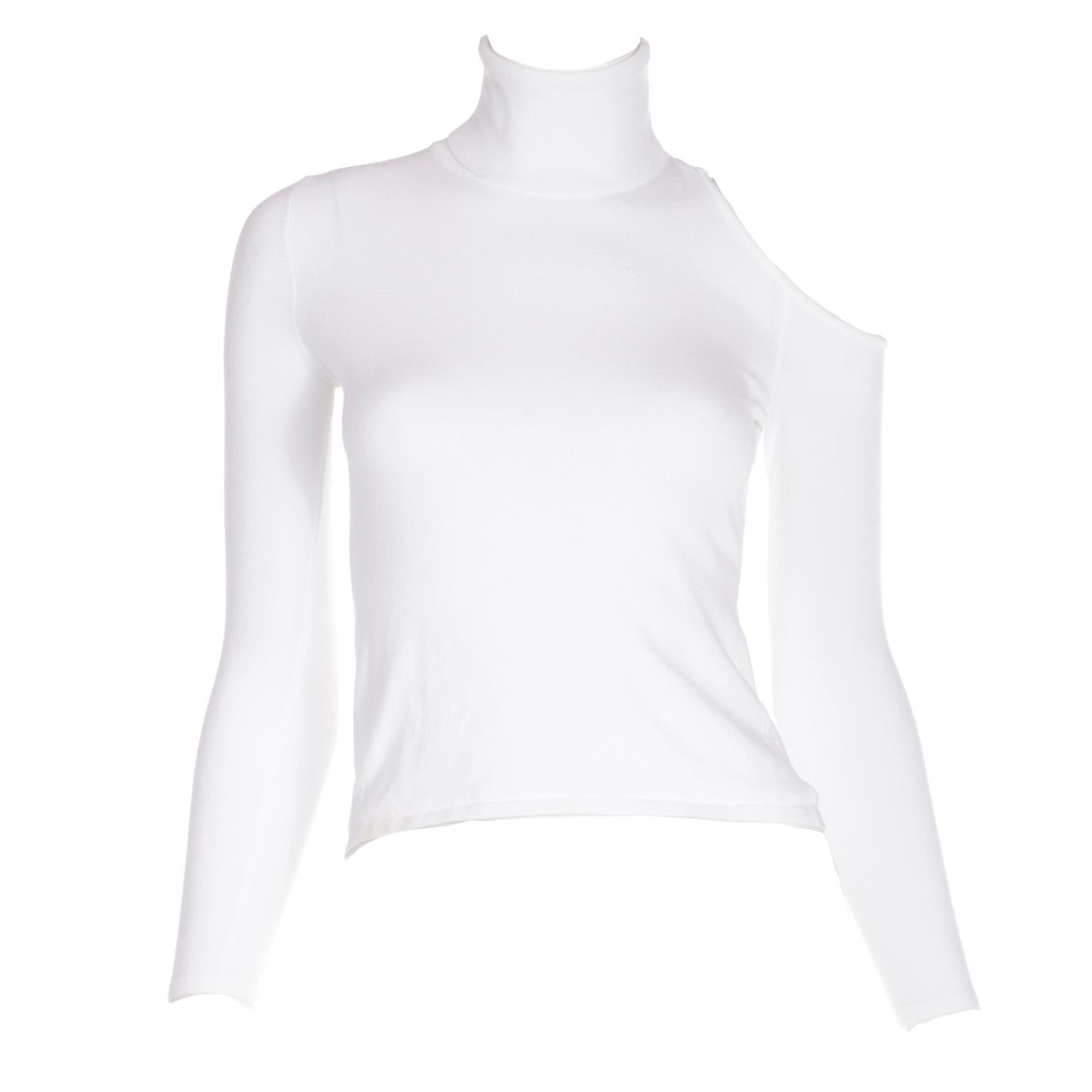 Versace White Knit Long Sleeve Turtleneck Summer Top W Cut Outs at Shoulder For Sale 4