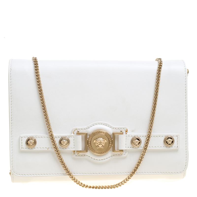 Versace White Leather Chain Clutch Bag