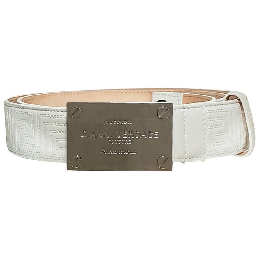 VERSACE WHITE LEATHER GREEK KEY EMBROIDERED SILVER BUCKLE Belt 110/44