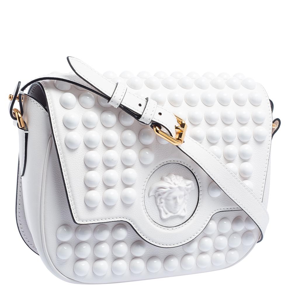 Gray Versace White Leather La Medusa Studded Shoulder Bag