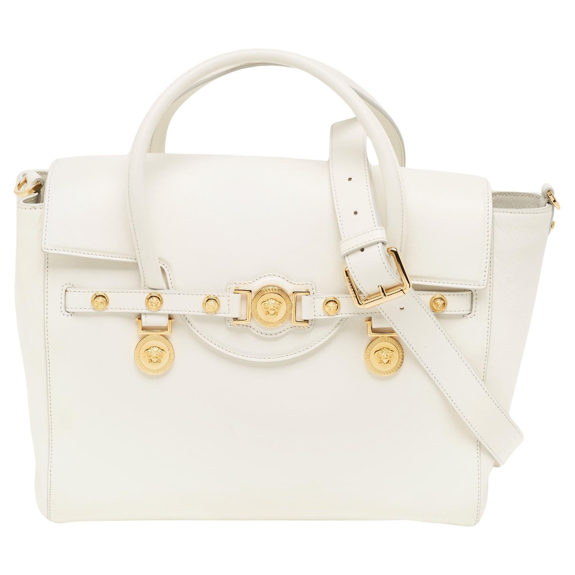 Versace White Leather Large Medusa Medallion Tote For Sale