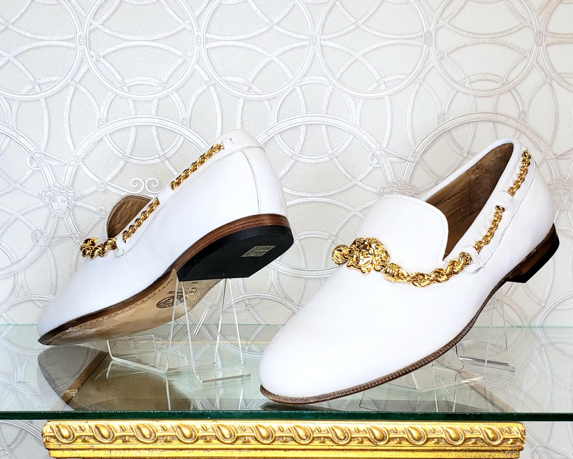 White VERSACE WHITE LEATHER LOAFER SHOES 44 - 11 and w/ 24K PLATED MEDUSA CHAIN SET