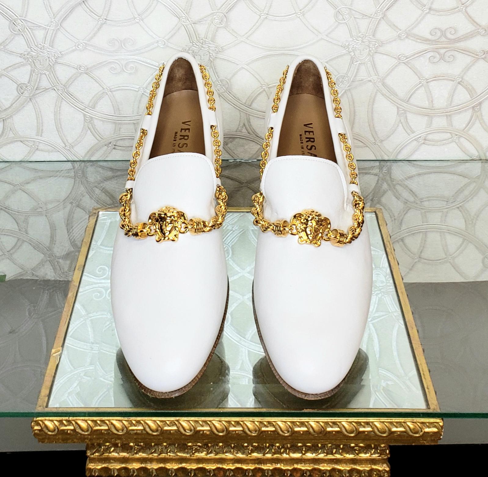 Gray SS 2015 VERSACE WHITE LEATHER LOAFER SHOES w/ GOLD PLATED HARDWARE Size 44 - 11