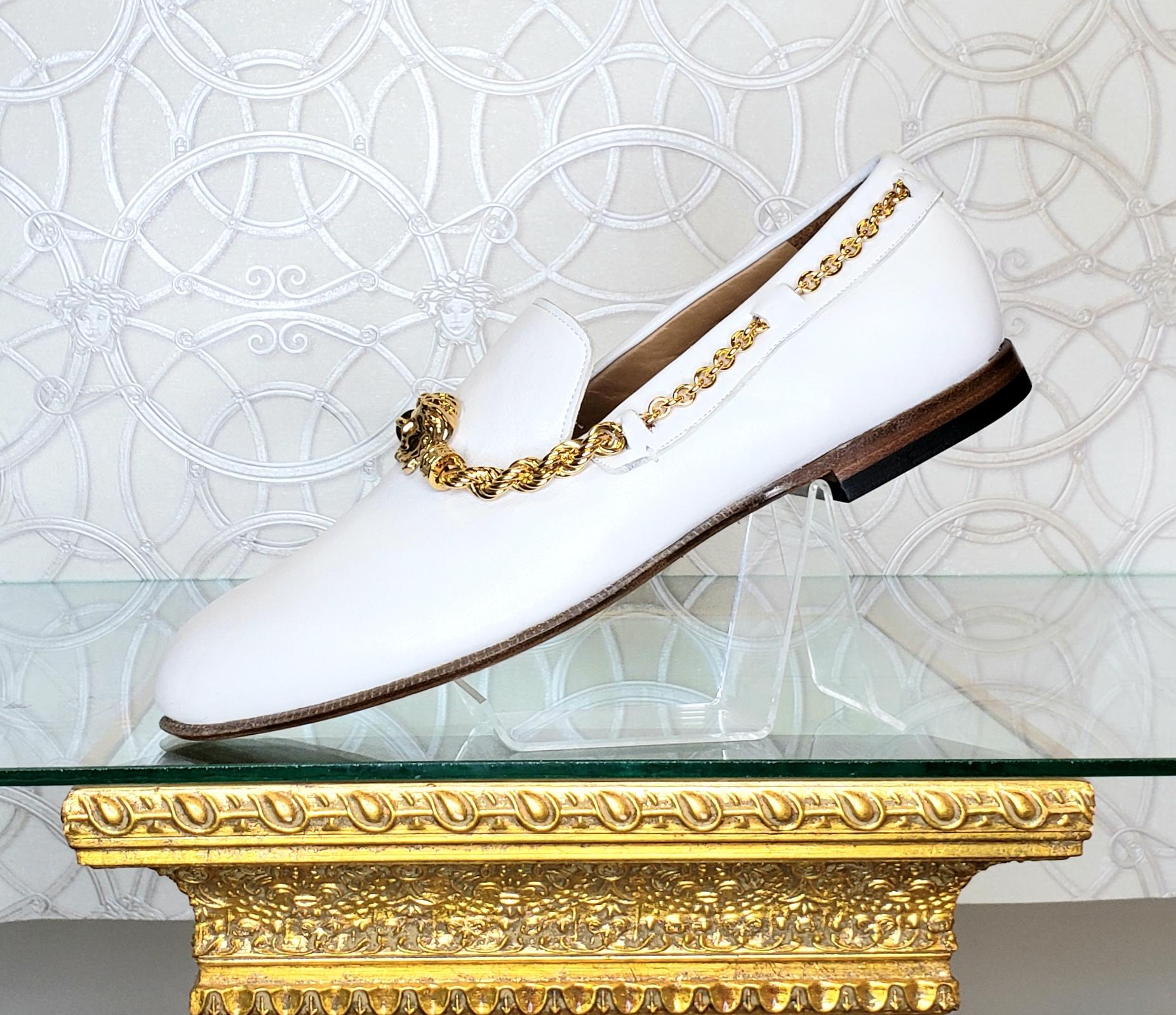 Men's SS 2015 VERSACE WHITE LEATHER LOAFER SHOES w/ GOLD PLATED HARDWARE Size 44 - 11