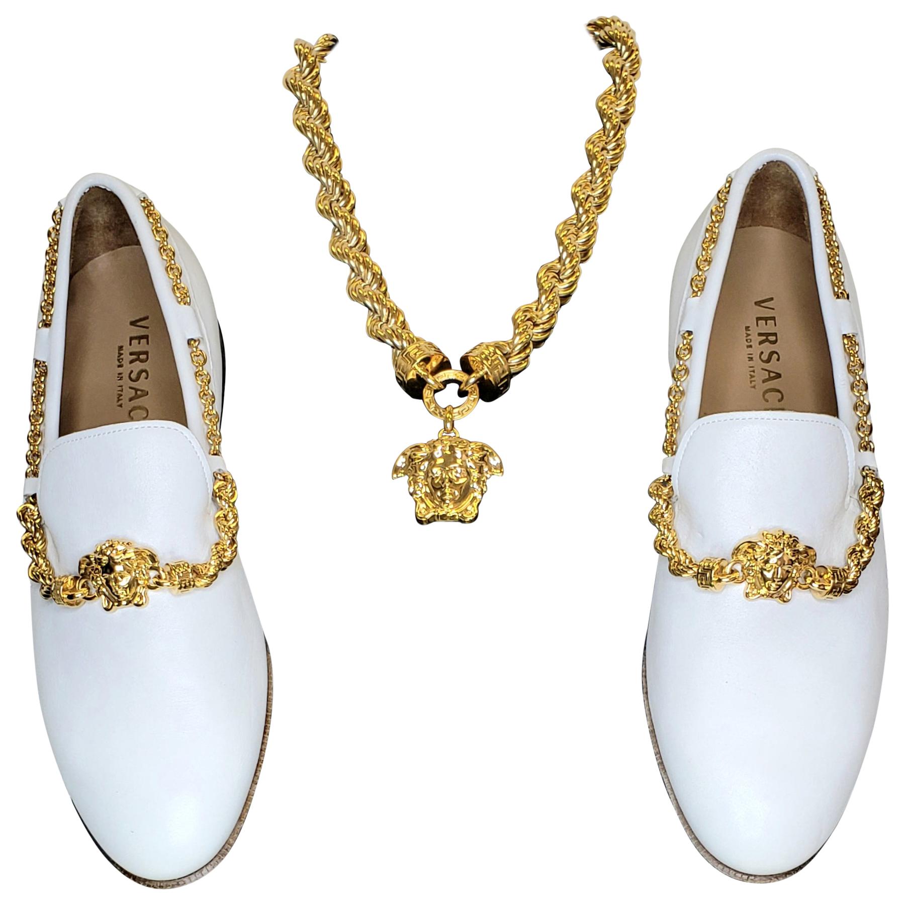 SS 2015 VERSACE WHITE LEATHER LOAFER SHOES w/ GOLD PLATED HARDWARE Size 44 - 11 1